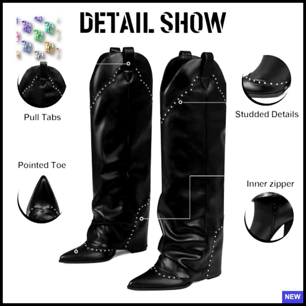 Studded Fold Over Knee High Boots Snip Toe Cowboy Slouch Dress - Picture 5 of 7